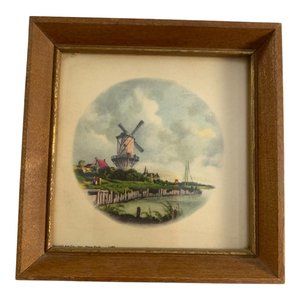 Vintage Miniature Donald Art Co Dutch Windmill Print 4.75" Square Wood Frame